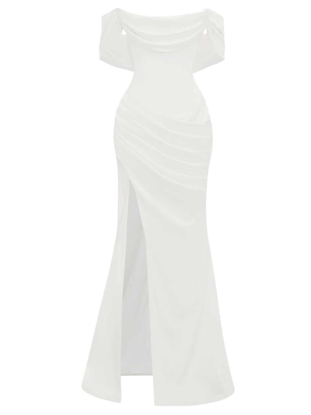 Draped Off-Shoulder White Wedding Gown with Front Slit